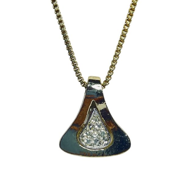 Vintage Gold Tone Box Chain Necklace With Clear Rhinestone Pave Pendant (5682) - Picture 2 of 7